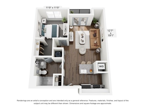 Floor plan for 1 bed, 1 bath, 707 sqft
